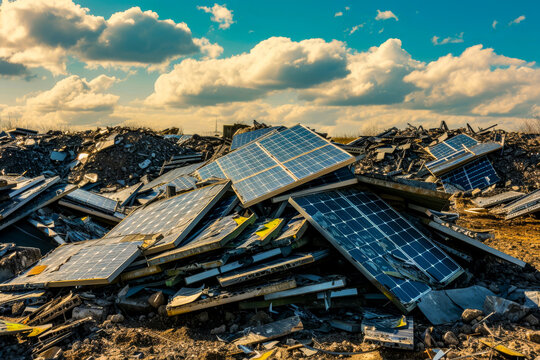 A large collection of shattered solar panels laying discarded on a landfill site