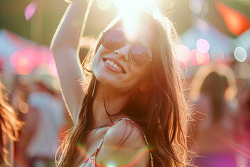 Backlit image of a woman partaking in the festivities of a music festival during the golden hour...