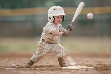 Little Kid Boy Holding Baseball Bat and Wearing a Cap and Uniform and Feeling Happy