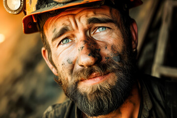 Close-up shot of a miner with a headlamp in a dark and gritty work environment, depicting hard work and industry
