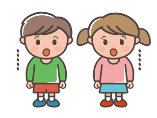 口を開けてぽかーんとする男の子と女の子の全身イラスト（小学生、幼児、子供）