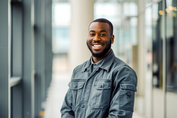 Obraz premium A cheerful black man wearing casual clothes outdoors, showcasing his positive attitude and urban style
