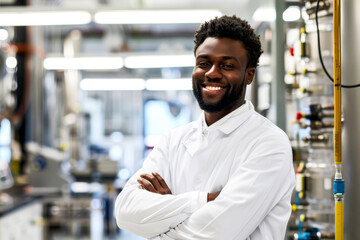 With bright eyes and a warm smile, an African male scientist in a white coat portrays joy and professionalism