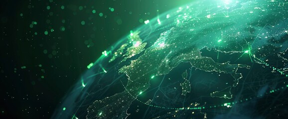 Abstract digital map of the Earth with glowing lines and dots, green on a dark blue background. Concept for a global network technology
