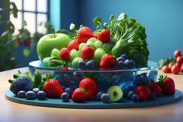 Fresh strawberries and blue berries togehter on plate