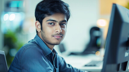 Close-Up of a Young Indian Male Professional Working in a Business Research and Development Company. Handsome Manager Analyzing Financial Reports, Looking at a Computer Screen with Graphs and Charts