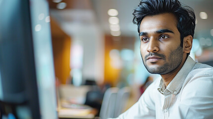 Close-Up of a Young Indian Male Professional Working in a Business Research and Development Company. Handsome Manager Analyzing Financial Reports, Looking at a Computer Screen with Graphs and Charts - obrazy, fototapety, plakaty