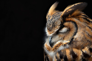 Side view of a serene great horned owl with eyes closed, detailed plumage texture against a dark background, capturing the calm essence of wildlife.