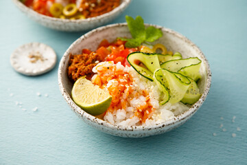 Healthy salmon poke or sushi bowl