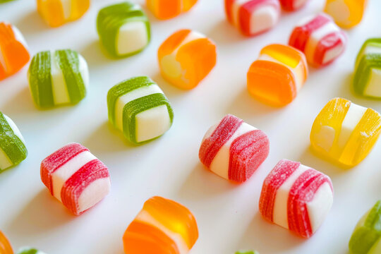 An array of vibrant, multicolored candies neatly arranged, showcasing a variety of flavors and shapes