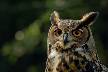 Fototapeta premium Enigmatic great horned owl with vivid orange eyes, set against a dark forest backdrop, capturing nature's mysterious gaze.