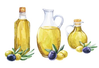 Olive oil bottle set watercolour food illustration 