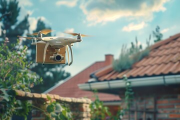 Drone flies over house with box, soaring among clouds and trees