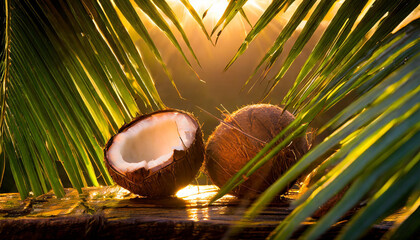 Close-up of fresh coconuts nestled among vibrant palm leaves. Green fronds. Tropical fruit