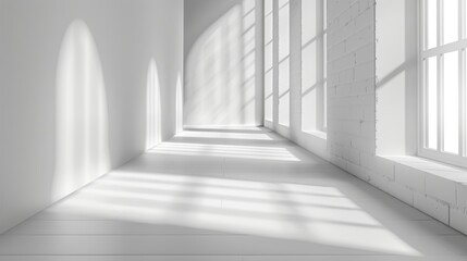an empty room has large windows with bright light coming through them