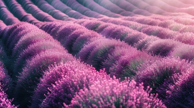 A digitally enhanced abstract image of lavender flowers bathed in a surreal pink and purple light, creating a dreamlike landscape. Generative AI