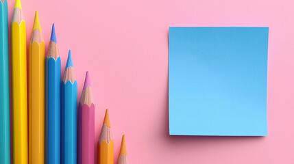 Back to school concept. A blue color post it paper, pink, blue and yellow pencils on pastel pink...