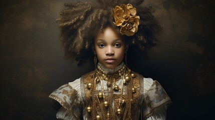 Majestic young girl, deep eyes, afro with decorative headgear, Elizabethan touch in her collar, earthprint dress, intricate gold legwear, and boots, staff bearer 