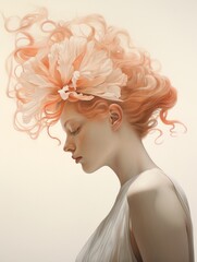 Solitary coral bloom, woman with apricot waves, peach and burnt sienna  - obrazy, fototapety, plakaty