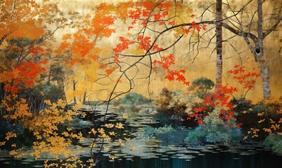 AI generated illustration of a Japanese silk painting od a scenic landscape of autumn trees - obrazy, fototapety, plakaty