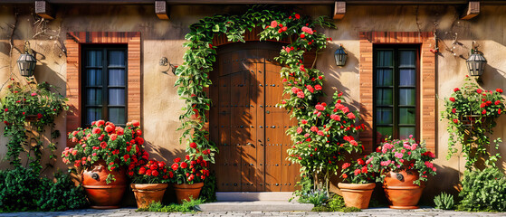 Fototapeta na wymiar Quaint Village Charm, Traditional Home with Climbing Flowers, Mediterranean Elegance and Natural Beauty