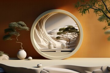 AI generated illustration of a round doorway leading to a tranquil zen garden with green foliage
