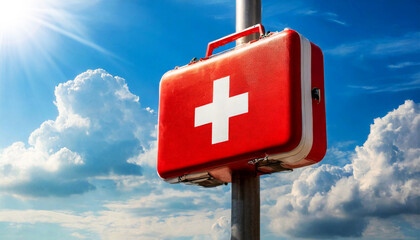 Close-up of a modern red and white first aid sign in the shape of a first aid kit, against a clear blue sky with clouds and copy space. Generative Ai.