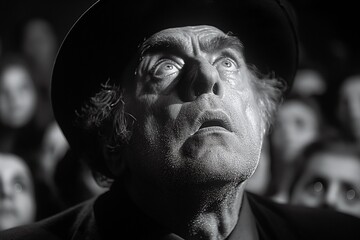 AI generated illustration of a man in a hat and jacket gazes upwards, in grayscale