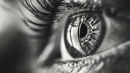 AI generated illustration of a close-up of an eye with long lashes, in grayscale