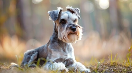 Miniature Schnauzer dog portrait with natural bokeh background displaying calm and cute canine features
