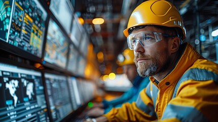 A high-tech control room with engineers wearing yellow safety jackets and white hard hats, surrounded by multiple computer screens displaying real-time data on the mine's activity
