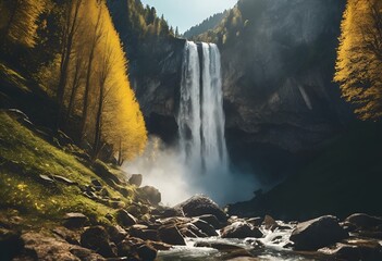 Fototapeta premium AI-generated illustration of a Waterfall cascading from a yellow tree-lined canyon