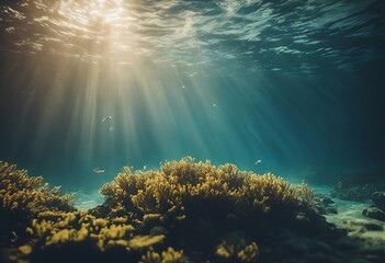 sunlight shining over the ocean floor with coral and seaweed