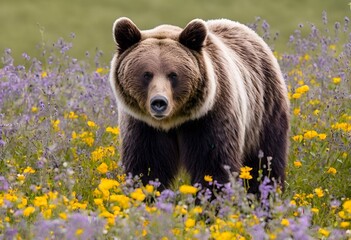 a large bear is standing alone in the grass and flowers