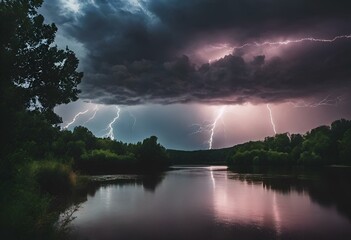 AI-generated illustration of lightning striking over a forest pond at dusk in purple and black hues