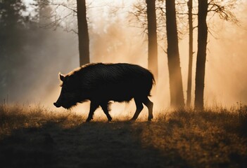 Wild boar in a dusty environment illuminated by the sun's rays, AI-generated.