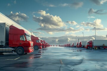 Red trucks parked beneath a cloudy sky in a lot by the water