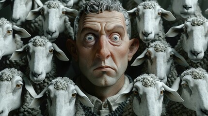 High-detail 3D visualization of a man and a flock of sheep, each looking puzzled by insomnia