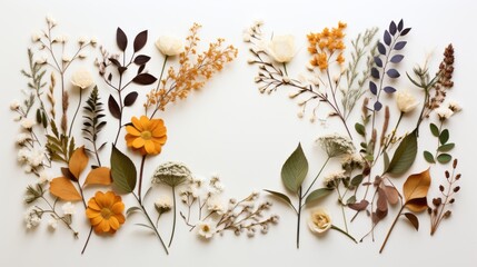 Frame flower dried plants for decoration flat lay on white background