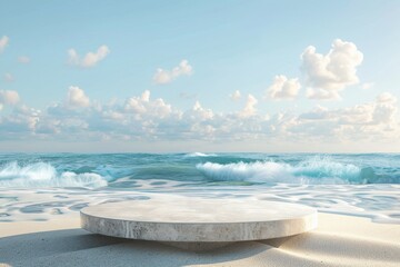 Summer sand and sea, backdrop for product placement with empty flat stone podium