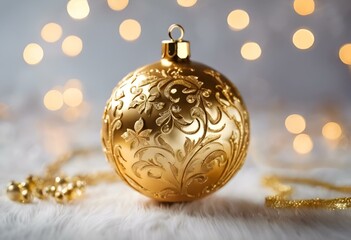 AI generated illustration of shiny golden bauble with glowing lights in soft focus background