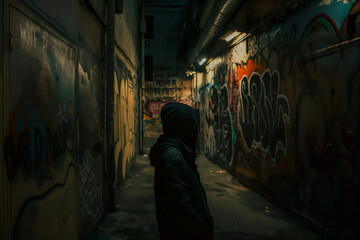 AI generated illustration of a hooded person walking in graffiti-covered alleyway
