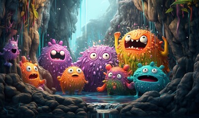 AI generated illustration of a diverse group of cartoon monsters under rainfall - obrazy, fototapety, plakaty