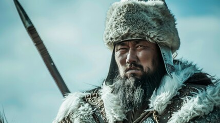 Mongol warrior in traditional fur armor with sword sternly gazing ahead