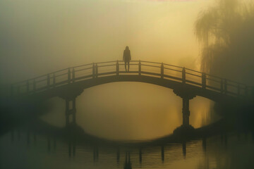 AI generated illustration of a woman on a bridge on a foggy day