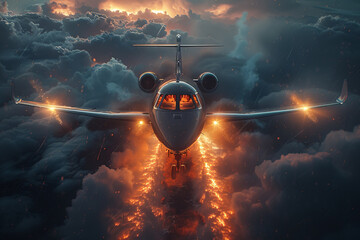 An airplane is soaring through the night sky, piercing through the clouds - obrazy, fototapety, plakaty