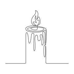 Continuous one-line drawing candle burning flame—black contour line simple minimalist graphic isolated vector illustration.