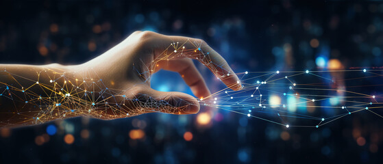 AI machine learning hands of robot, technology background.