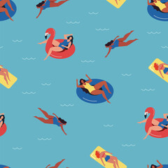 Summer cute seamless pattern with swim in the sea or ocean body positive women. Underwater swimming. Background with swimming girls. Vector illustration - obrazy, fototapety, plakaty