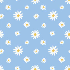 Cute simple blue seamless pattern with chamomile flowers. Spring and summer background. Vector illustration